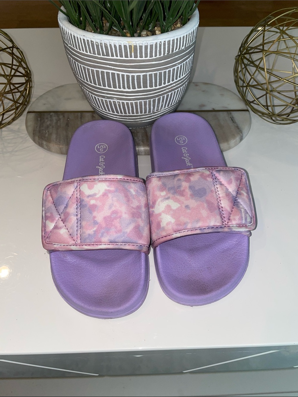 Cat & Jack Lavender Slide Sandals with Pink Camo Strap